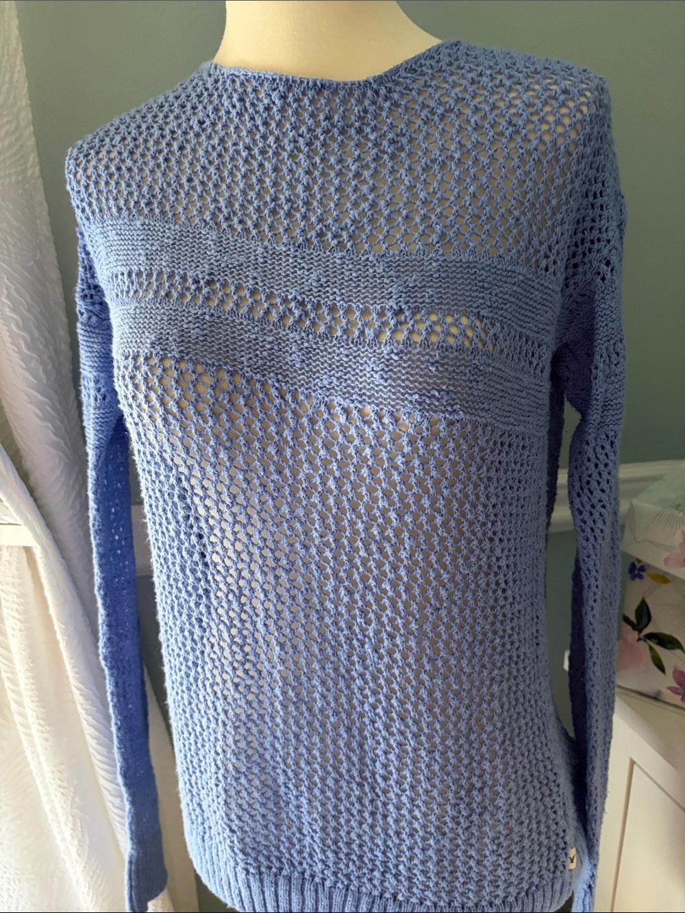 American Eagle Outfitters Light Blue Open-Weave Crewneck Sweater